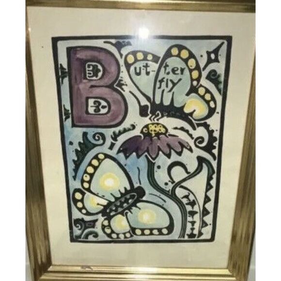 Sandy Askey Adams 1980s Framed Signed Art Watercolor Butterfly Garden‎ Painting